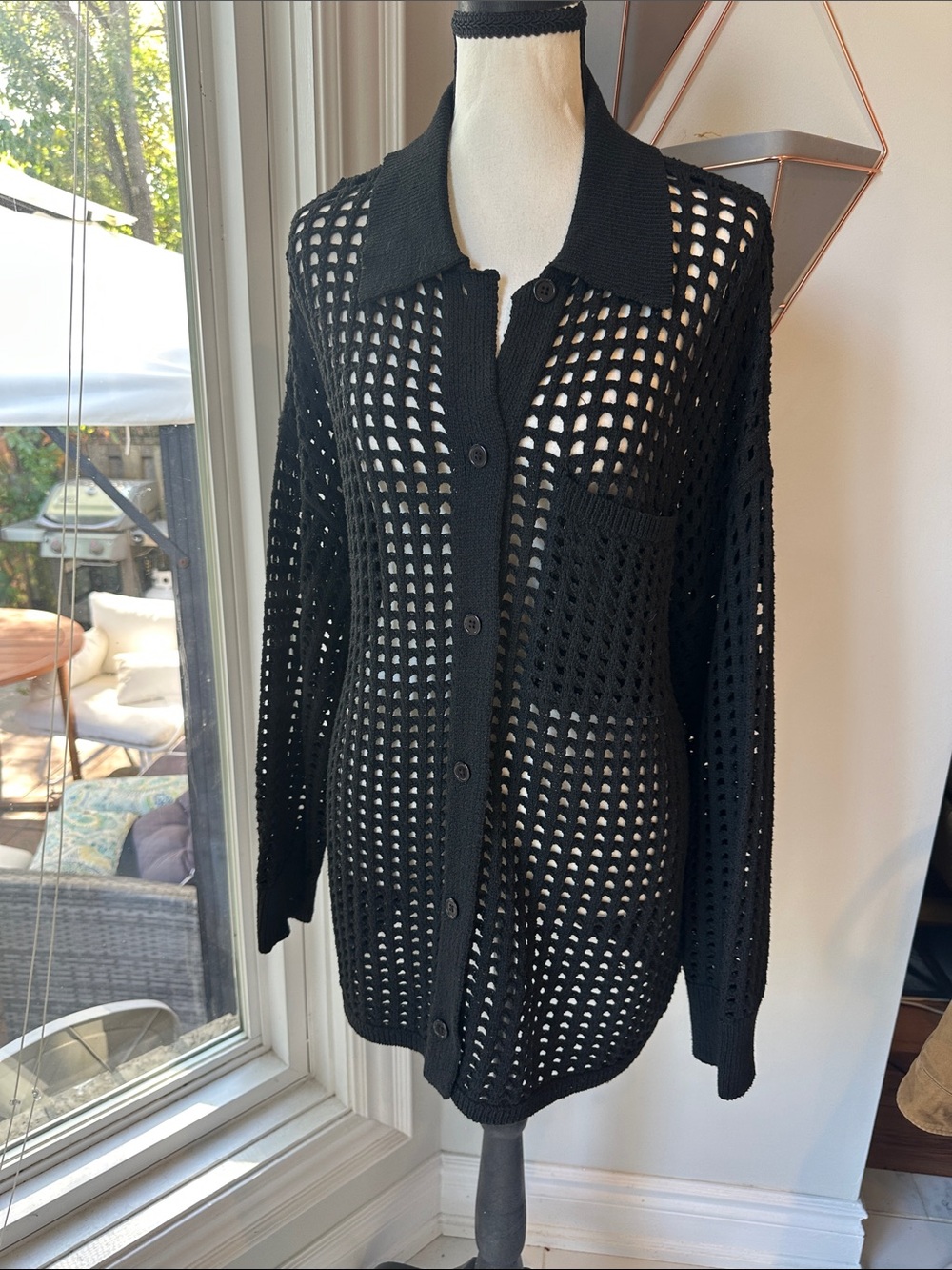 OAK + FORT Black Open-Knit Button-Up Sweater Cardigan Crochet Size Large-XL